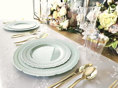 " OCCASIONS " 240 Plates Pack,(120 Guests) Extra Heavyweight Vintage Wedding Disposable/Reusable Plastic Plates 120x11'' Dinner + 120x8.25'' Salad/Dessert Plate (Chateau Mint)