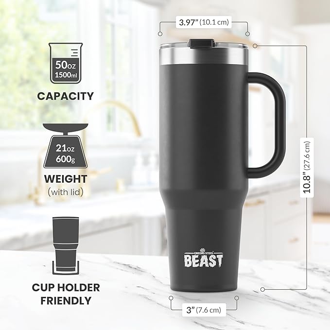 50oz Tumbler with Handle and Straw - Large Insulated Travel Mug for Water, Hot and Iced Coffee - Leak Resistant Stainless Steel Insulated Tumbler with Lid - Gifts for Mom, Women and Men (Matte Black)