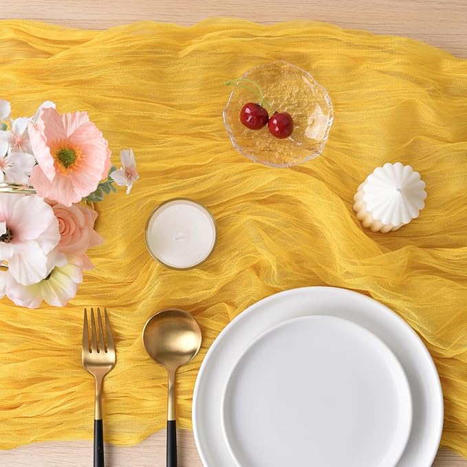 Joanlody Yellow Cheesecloth Table Runner Spring Easter 10Ft Rustic Gauze Boho Cheese Cloth Table Runner for Wedding Bridal Baby Shower Decoration 6 Pack