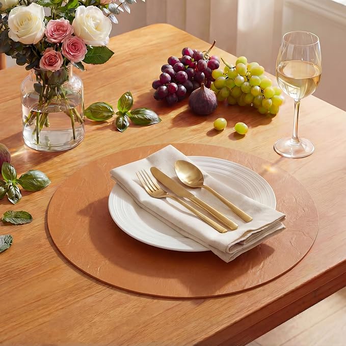 Artoid Mode Rust Faux Leather Placemats Set of 4, 15 Inch Waterproof Wipeable Heat Resistant Vinyl Place Mats, Reversible Table Mats for Fall Kitchen Dining Decor