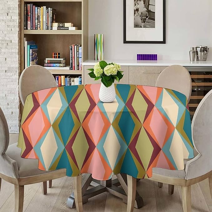 Abstract Geometric Boho Round Tablecloth, Retro Modern Mid Century Tablecloth for Home Party Dining Room Kitchen Decor 36Inch(90cm)