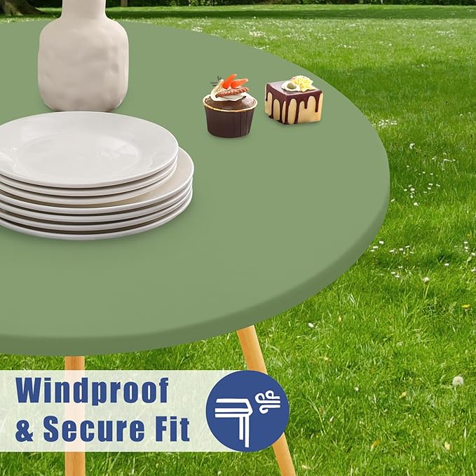 Round Spandex Tablecloth, Elastic Fitted Waterproof Tablecloths for 57"-68" Tables, Stretch Washable Picnic Table Cover for Camping, Dining, Indoor and Outdoor, Sage Green