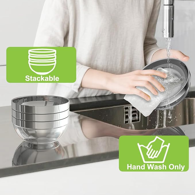 Stainless Steel Bowls, 6 Pack 7in 52.4oz 1550ml Large SUS304 Double Wall Insulated Stackable Metal Hot Soup Bowl Containers for Dishes Serving Cereal Snacks Ice Cream Food Rice Salad