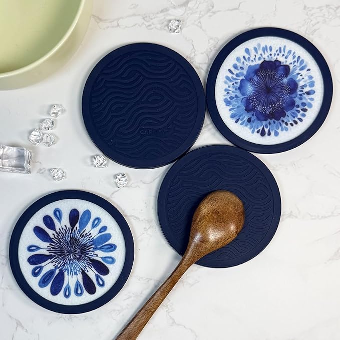 Indigo Floral Non-Slip Silicone Coasters, 4-Pack Double-Sided Absorbent Cup Mats for Hot & Cold Drinks, Scratch & Water Ring Protection for Wood Tables, Home Office Bar Use (4PC)