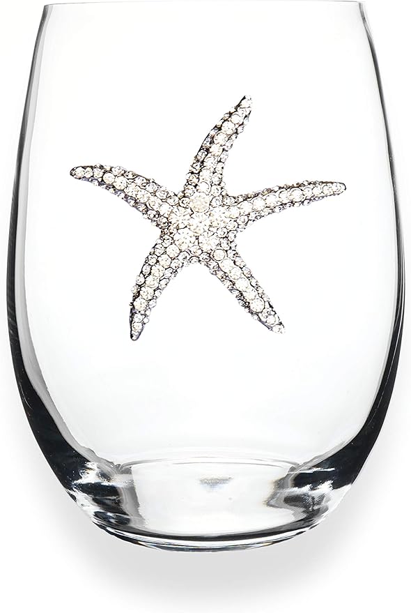 THE QUEENS' JEWELS Starfish Jeweled Stemless Wine Glass, 21 oz. - Unique Gift for Women, Birthday, Cute, Fun, Beach, Not Painted, Decorated, Bling, Bedazzled, Rhinestone