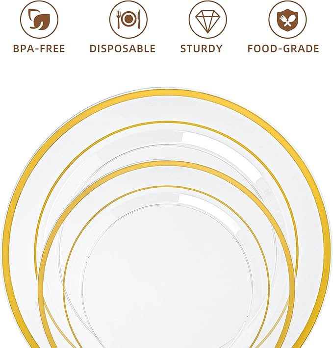 200PCS Clear Plastic Plates with Gold Rim, Disposable Heavy Duty Plastic Plate, 100 Dinner and 100 Dessert Plates for Party and Wedding