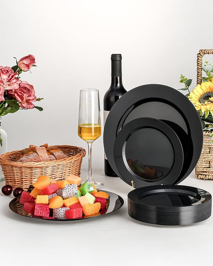 BESTVIP 200PCS Black Plastic Plates, Disposable Party Plates with 100 Dinner Plates and 100 Dessert Plates, Plastic Plates for Party, Wedding,Halloween and Birthday (Black, 200PCS)
