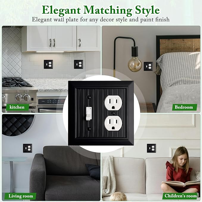 Beadboard Outlet Covers Wall Plates, Bamboo Fiber Light Switch Covers, Natural Material Electric Receptacle Decorative Switch Plate Outlet Cover Matte Black (2 Gang Toggle/Duplex 2 Pack)