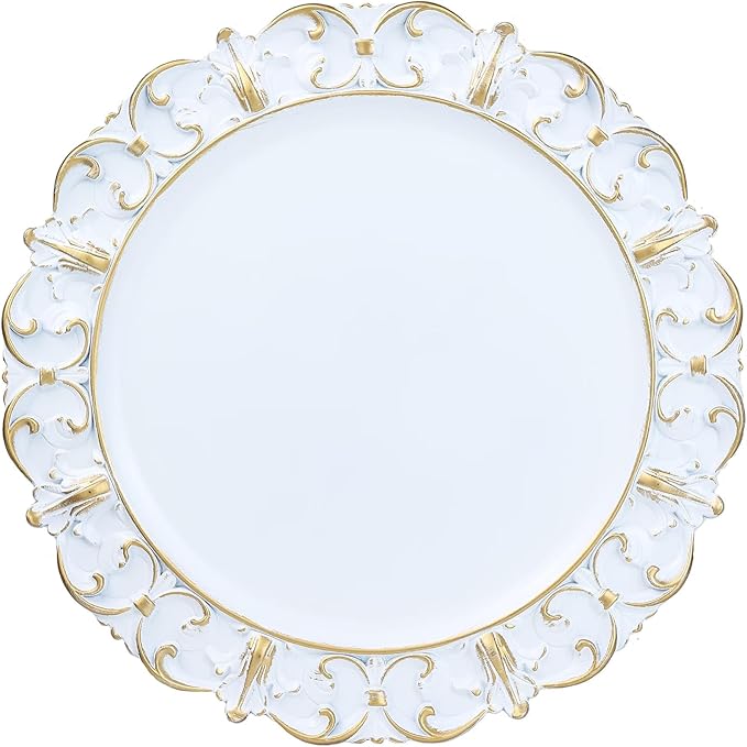 White Charger Plates Set of 6, Decorative Table Plastic Chargers for Dinner Plates, Party, Wedding, Thanksgiving, Christmas, 11W