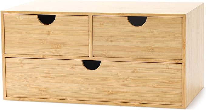 Wisuce Bamboo Desk Organizer - Mini Desktop Drawer Tabletop Storage Organization Box for Office Home Toiletries Supplies, No Assembly Required (3 Drawer)