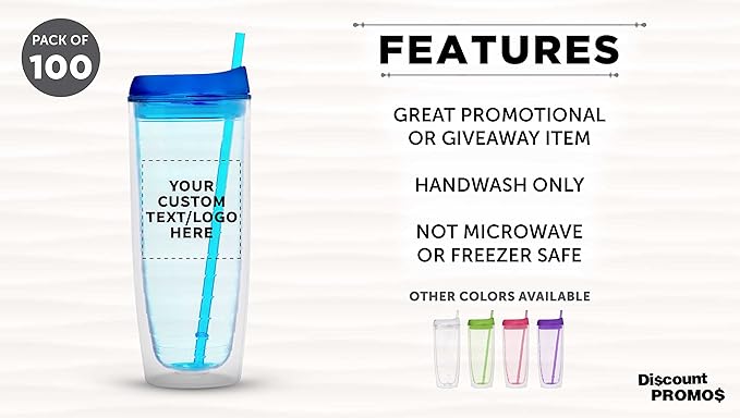 Custom Tall Orbit Acrylic Tumblers 20 oz. Set of 100, Personalized Bulk Pack - Perfect for Iced Coffee, Soda, Other Hot & Cold Beverages - Blue
