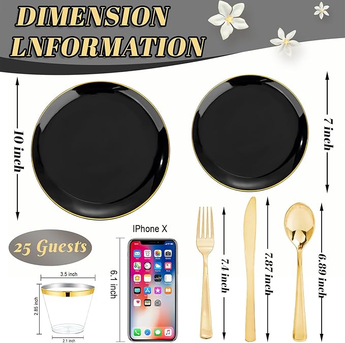 WDF 150PCS Black Plastic Plates - Black and Gold Plates Disposable - 25guest Disposable Dinnerware Sets for Party/Wedding/Halloween/New Year