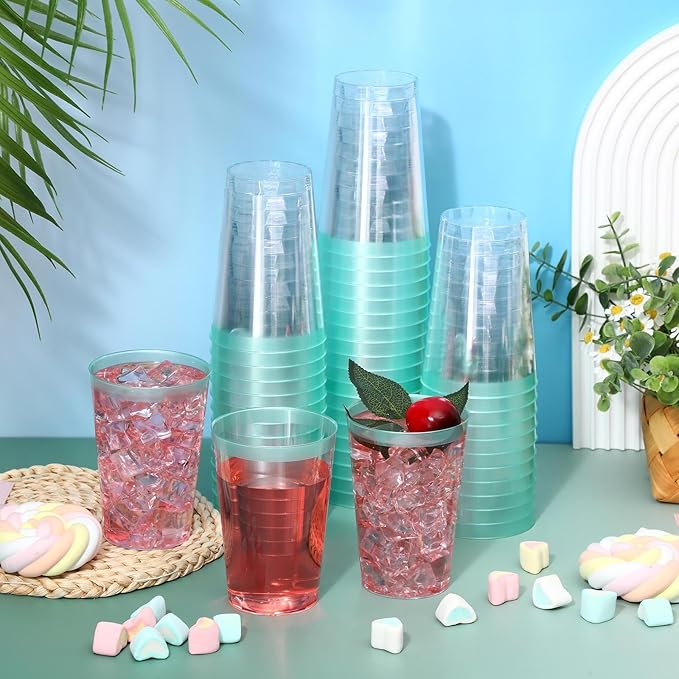 Patelai 100 Pcs Teal Blue Plastic Cups 12 oz Teal Blue Rimmed Plastic Cups Heavy Duty Disposable Wine Glasses Clear Cocktail Glasses Drinking Tumblers for Party Wedding Christmas Birthday