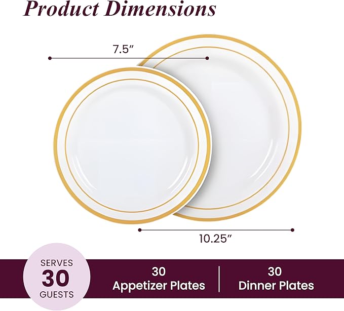 Aya's 60 Pack Heavy Duty Plastic Plates with Gold Rim - 30 Each of 10" Dinner and 7.5" Appetizer White Disposable Plates - Elegant Fancy Plastic Plates for Party, Weddings, and Special Events