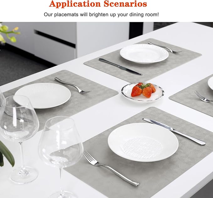 Vinyl Placemats Set of 8 Heat Resistant Easy Clean Non-Slip Place Mats for Dining Table Faux Leather Waterproof Stain Resistant Wipeable Washable PVC Table Mats(8, Light Gray)