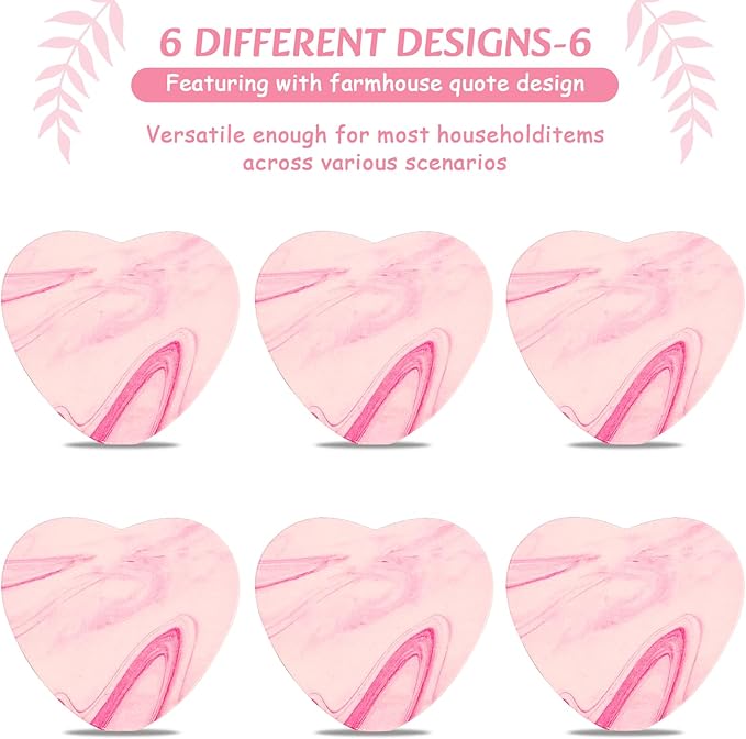 Valentines Coasters for Valentines Day Gifts, Pink Hearts Coasters Set of 6, Girlys Cute Coaster for Drink, Love Wood Coaster with Holder for Coffee, Valentines Day Table Decorations