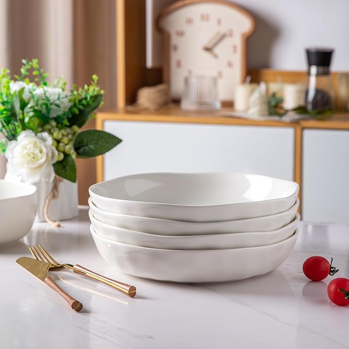LERATIO 9.75 "Ceramic Flat Pasta Bowls, Wavy Rim 38oz Large Bowls Set of 4 for Kitchen,Modern Porcelain Stoneware pasta bowls,Dishwasher & Microwave & Oven Safe Bowls with for Pasta-White
