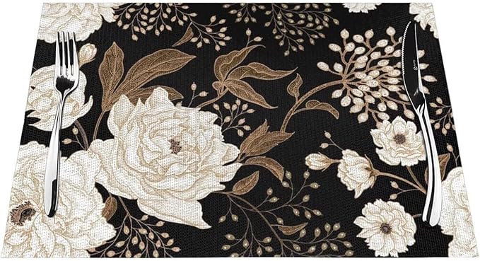 Placemats Set of 6 Vintage Peony Place Mats Beige Floral Leave Rustic Black Woven Table Mats Washable Beige Flower PVC Placemat for Dining Kitchen Decor Indoor Outdoor, 12 x 18 Inch