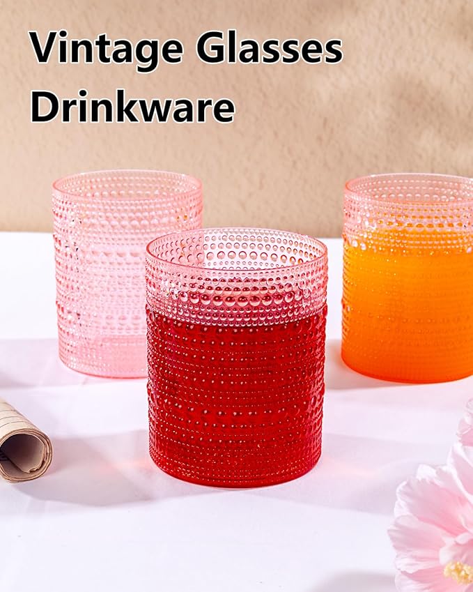 YOUBET 24PCS Plastic Drinking Glasses - 14OZ Pink Hobnail Drinkware Glasses - Vintage Glassware Textured Beaded Cups for Water, Beer, Whiskey, Juice and Various Mixed Drinks Valentines Day
