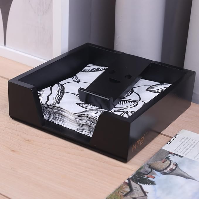 Bamboo Flat Napkin Holder with Weighted Arm Decorative Napkin Tray Dispenser for Table Kitchen Bathroom Dinning (black)