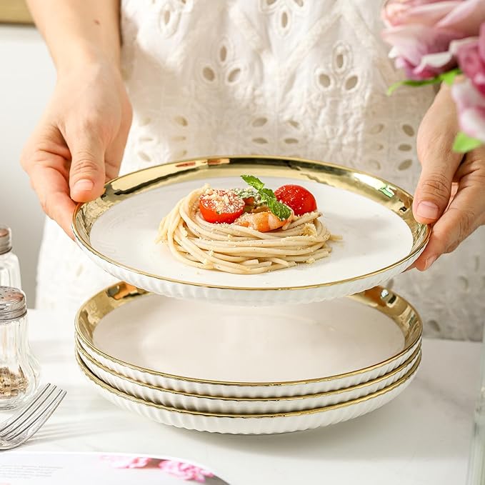 LETAOTAO Dinner Plates, Ceramic dinner Plate Set of 4, 10 inch White Serving Plates with gold trim, Stripe Texture Back, Large Pasta and Salad Plates, Dishes Set with Lipped Edges for Kitchen