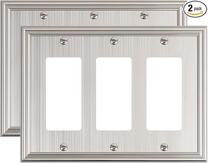 2-Pack Decorative Tripple Decorator Outlet Cover Plate, Durable Zinc Alloy Brushed Nickel Wall Plates for Electrical Outlets, Receptacle, GFCI Outlet, Dimmer Switch, 3-Gang