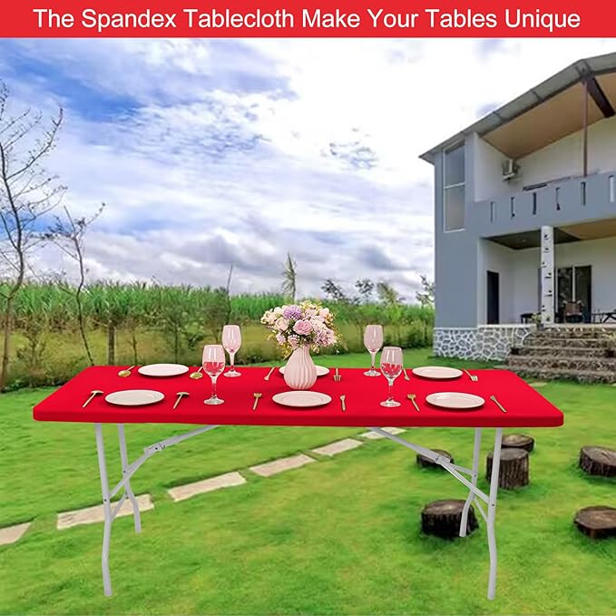 4 Pack Spandex Tablecloth Table Top Cap Cover Washable Elastic Rectangle Tablecloth for 6 FT Folding Tables for Indoor Outdoor Party (72 x 30 Inches, Red)