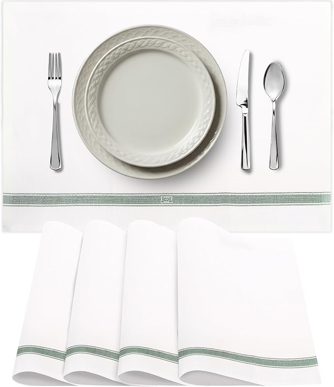 Premium Cloth Striped Placemats Set of 4 – 100% Soft Durable Jacquard Woven Cotton Table Placemats with Stain-Release Fabric – Machine Washable for Dining Table – Oregano Green, 20"x14"