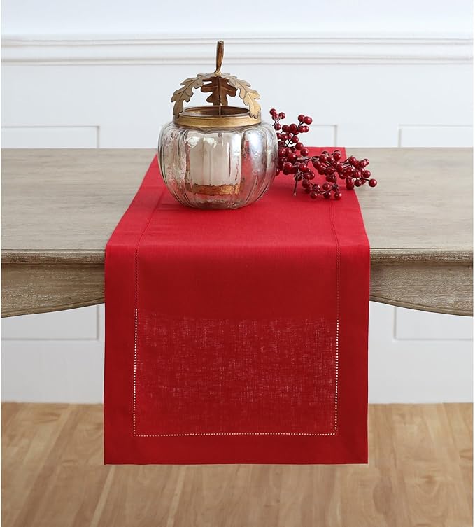 Solino Home Linen Red Table Runner 72 Inches Long - 100% Pure Linen Hemstitch Table Runner 14 x 72 Inch for Dresser, Dining, Valentines, Winter - Classic Hemstitch