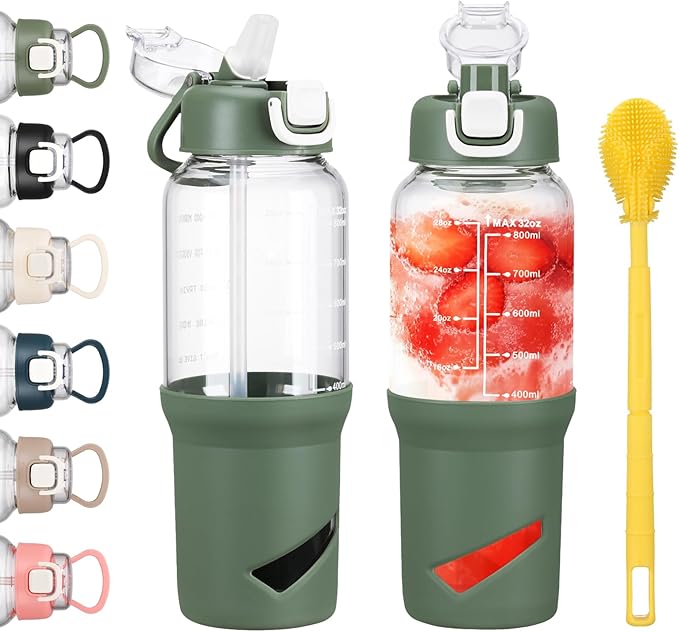SIEROZUR 32 oz Glass Tumbler with Straw, Glass Water Bottles with 2 Lids-Handle Spout Lid & Straw Lid, 1 Liter Motivational Water Bottles, Silicone Sleeve, Fits Car Cup Holder,Olive