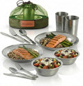 Unique Complete Messware Kit Polished Stainless Steel Dishes Set| Tableware| Dinnerware| Camping| Includes - Cups | Plates| Bowls| Cutlery| Comes in Mesh Bags