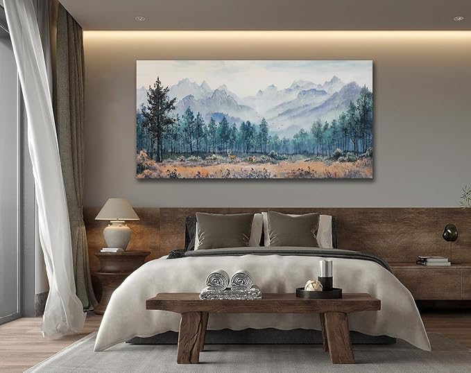 Anolyfi Foggy Forest Mountain Canvas Wall Art, Nature Tree Landscape Painting Textured Wall Decor for Christmas Gift Living Room Bedroom Dining Room Kitchen Office Home Decor 40"x20"