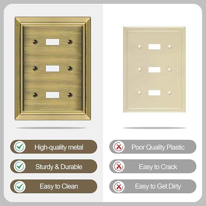 Metal Wall Plate for Electrical Outlets, Decorative Antique Brass Switch Plates Outlet Cover, Light Switch Cover Plate, 3-Gang Wall Plates (Triple Toggle, 1 Pack)