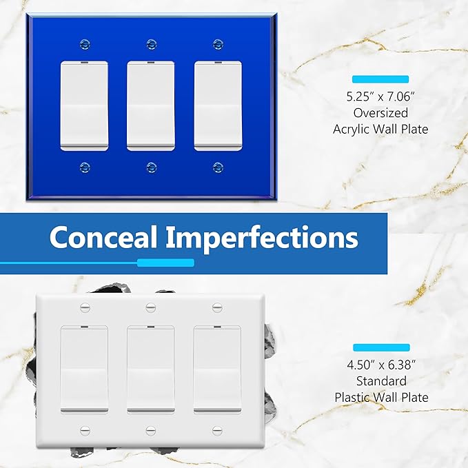 LIDER Reflective Acrylic Decorator Wall Plate, Mirrored Light Switch Plate, Plexiglass Outlet Cover, Acrylic Glass, Oversized 3-Gang 5.25" x 7.06", LWP-33O-ABL5P, Blue, 5 Pack