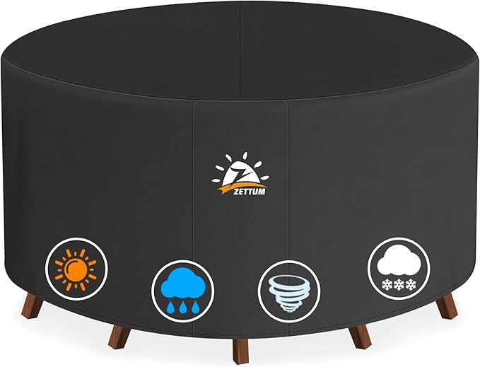 Zettum Round Patio Table Cover 84 Inch - 600D Outdoor Furniture Cover Round Waterproof & Heavy Duty, Lawn Furniture Set Covers Large for Outside Dining Table and Chairs Seating - 84 x 84 x 28 Inch
