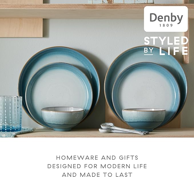 Denby - Azure Haze Coupe Dinner Plates Set of 6-10.25 Inch - Dishwasher Microwave Oven Safe - Reactive Blue Teal Glaze Large Ceramic Stoneware Plates - Scratch Chip Resistant