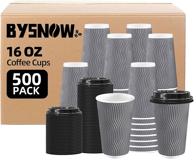 500 Pack 16 oz Coffee Cups with Lids, Disposable Insulated Hot Cups To Go Paper Coffee Cups, Corrugated Ripple Wall Cup for Hot Drink, Office, Coffee Bar (Grey 16 oz)