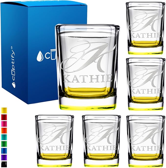 Personalized Shot Glasses Set of 6 Initial and Name 2oz Yellow Bottom Etched Square Shot Glass Engraved with Custom Text Birthday Gift for Men and Women