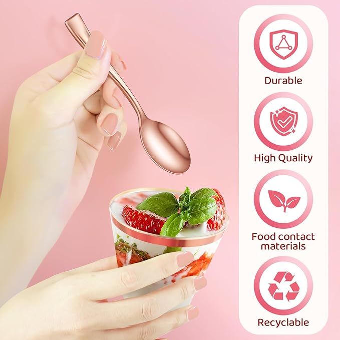 Jinei 50 Sets 9 oz Rose Gold Plastic Dessert Cups with Dome Lids Spoons Rimmed Clear Disposable Plastic Fruit Cups with Lids for Yogurt Parfait Pudding Cupcake Ice Cream Party Wedding Reception
