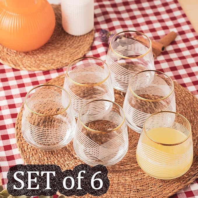 Gold Rim Cocktail Wine Whiskey Drinking Glasses Set of 6 Glassware Rimmed Trim Crystal Cups Juice Water Drinkware Drinks Bar Fancy Party Wedding (Gold3)