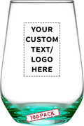 DISCOUNT PROMOS 100 Vaso Silicia Stemless Wine Glasses Set, 16 oz. - Personalized Text, Logo - Clear, Orb-Like, Thick base - Green