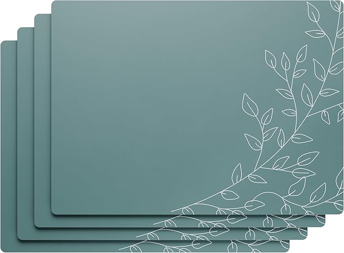 Royalty Art Teal Gray Boho Placemats, 4 Pc. Set, Non-Slip Cork Backed, Wipeable Heat Resistant Surface for Kitchen and Dining Table Protection, Cute Floral Pattern for Farmhouse or Rustic Decor
