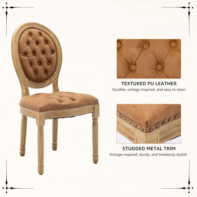 Vintage French Dining Chairs Set of 4, Round Back PU Leather Upholstered Accent Chairs with Nailhead Trim and Solid Wood Frame, Farmhouse Sillas de Comedor for Dining Room & Kitchen, Whiskey Brown