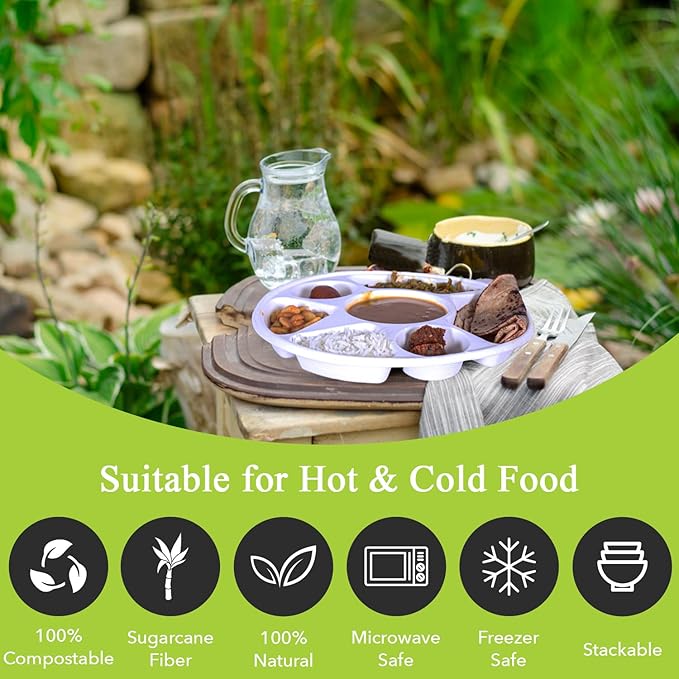 three leaf 7 COMPARTMENT BAGASSE ROUND PLATE, 100 Ct. Heavy-Duty- Super Strong- Natural- Eco-Friendly Disposable Bagasse Plates, 100% Biodegradable 7 compartment plates