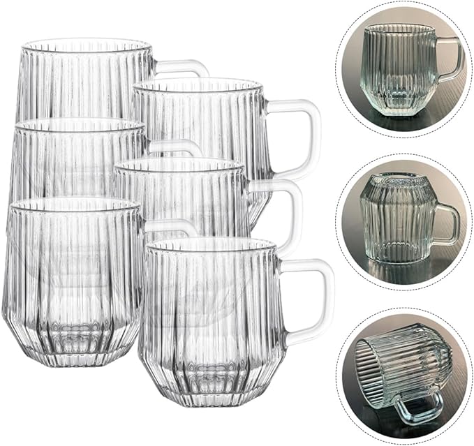 6Pcs Vertical Ribbed Glass Mugs with Handle, Reusable Household Glass Cups for Coffee, Tea, Milk, Orange Juice – Sturdy Glassware Set for Hot and Cold Beverages