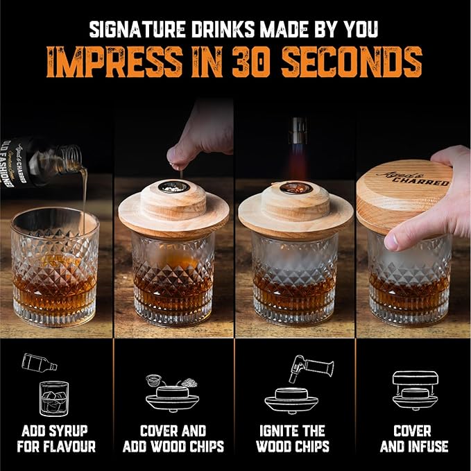 Whiskey Smoker Kit with Torch and Old Fashioned Syrup - 8 Flavors Wood Chips - Bourbon Gifts for Men, Cocktail Smoker kit - USA Oak Smoke Lid (No Butane)