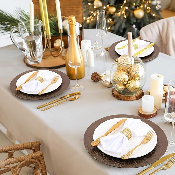 Mifoci 50 Pcs Faux Wooden Charger Plates 13 Inch Round Rustic Plastic Plates Antique Design Bulk Decorative Chargers for Dinner Tray for Wedding Dinner Table Farmhouse Party Event(Brown)