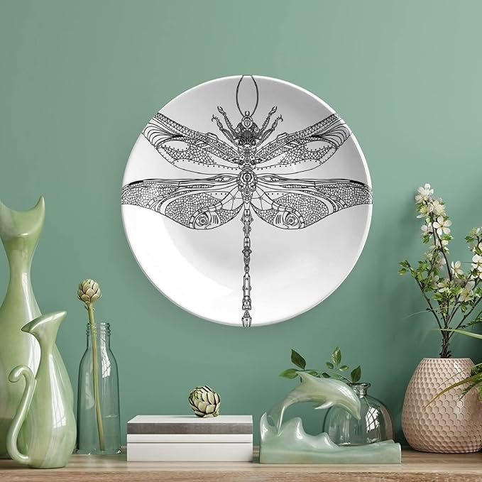 Ceramic Display Plate, Abstract Ceramic Hanging Decorative Plate, Animal Steampunk Dragonfly Pattern, 6 Inch, Household Custom Ceramic Plate, Black White