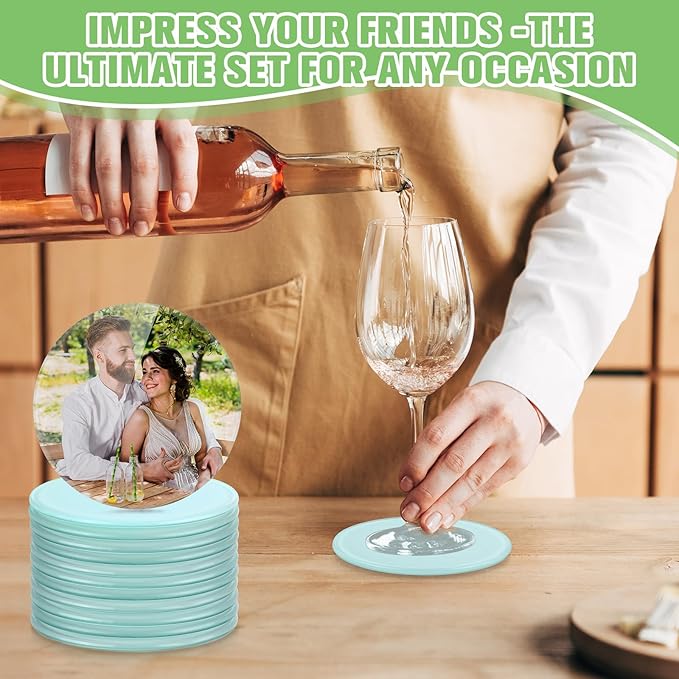 LemonRoad 12 Pcs Sublimation Blank Glass Coasters, 3.9 Inch Round DIY Photo Glass Drink Coasters with Foot Pads for Mugs, Cups, Dining Tables, Office, Kitchen, Home and Parties