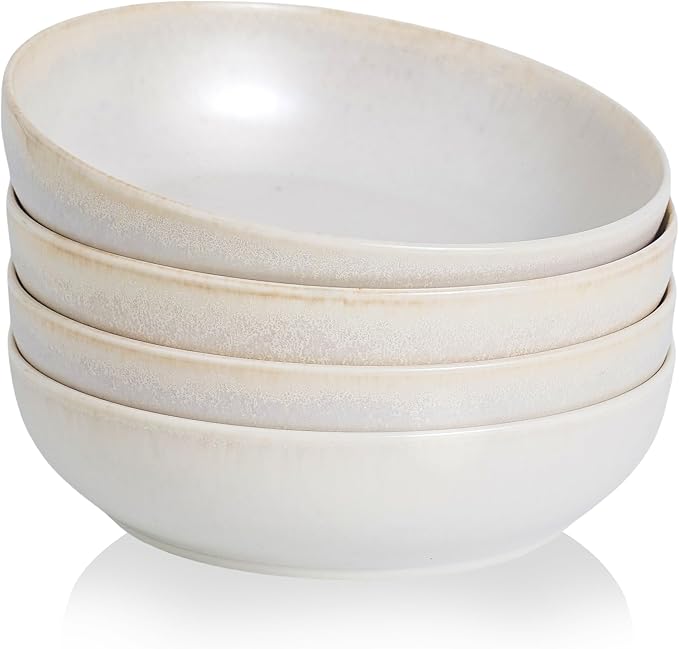 30oz Ceramic bowls set of 4-8" serving bowls for Kitchen,Pasta,Salad-Dishwasher & Microwave Safe Perfect for Housewarming, Thanksgiving, Christmas-Reactive Glaze Mixed White
